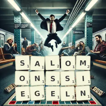 Kreative Illustration für ein Scrabble-Spiel, bei dem das Wort SALOMONSSIEGELN mit Steinen auf dem Brett gelegt wurde.