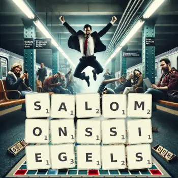 Kreative Illustration für ein Scrabble-Spiel, bei dem das Wort SALOMONSSIEGELS mit Steinen auf dem Brett gelegt wurde.