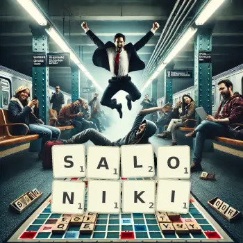 Kreative Illustration für ein Scrabble-Spiel, bei dem das Wort SALONIKI mit Steinen auf dem Brett gelegt wurde.