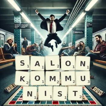 Kreative Illustration für ein Scrabble-Spiel, bei dem das Wort SALONKOMMUNIST mit Steinen auf dem Brett gelegt wurde.