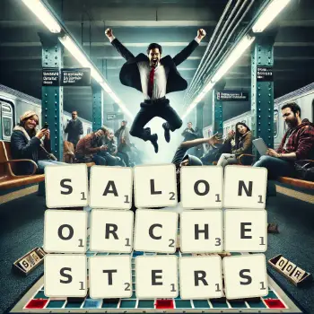 Kreative Illustration für ein Scrabble-Spiel, bei dem das Wort SALONORCHESTERS mit Steinen auf dem Brett gelegt wurde.