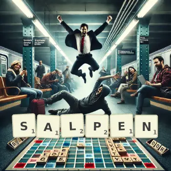 Kreative Illustration für ein Scrabble-Spiel, bei dem das Wort SALPEN mit Steinen auf dem Brett gelegt wurde.
