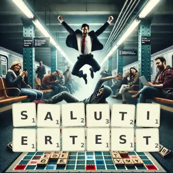 Kreative Illustration für ein Scrabble-Spiel, bei dem das Wort SALUTIERTEST mit Steinen auf dem Brett gelegt wurde.