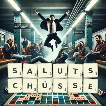 Kreative Illustration für ein Scrabble-Spiel, bei dem das Wort SALUTSCHÜSSE mit Steinen auf dem Brett gelegt wurde.