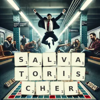 Kreative Illustration für ein Scrabble-Spiel, bei dem das Wort SALVATORISCHER mit Steinen auf dem Brett gelegt wurde.