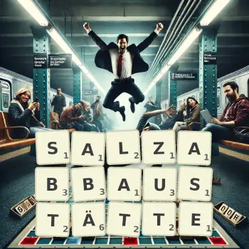 Kreative Illustration für ein Scrabble-Spiel, bei dem das Wort SALZABBAUSTÄTTE mit Steinen auf dem Brett gelegt wurde.