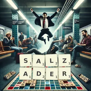 Kreative Illustration für ein Scrabble-Spiel, bei dem das Wort SALZADER mit Steinen auf dem Brett gelegt wurde.