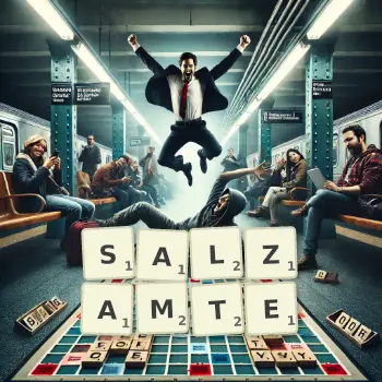 Kreative Illustration für ein Scrabble-Spiel, bei dem das Wort SALZAMTE mit Steinen auf dem Brett gelegt wurde.