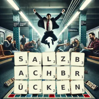 Kreative Illustration für ein Scrabble-Spiel, bei dem das Wort SALZBACHBRÜCKEN mit Steinen auf dem Brett gelegt wurde.