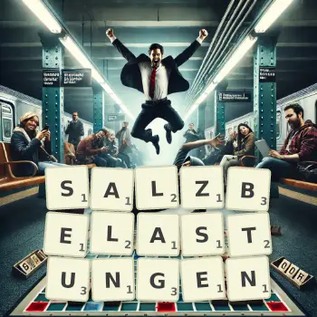 Kreative Illustration für ein Scrabble-Spiel, bei dem das Wort SALZBELASTUNGEN mit Steinen auf dem Brett gelegt wurde.