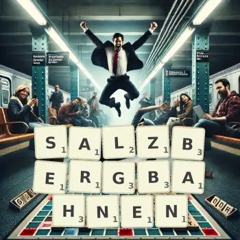 Kreative Illustration für ein Scrabble-Spiel, bei dem das Wort SALZBERGBAHNEN mit Steinen auf dem Brett gelegt wurde.