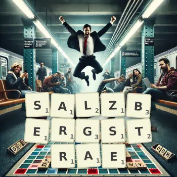 Kreative Illustration für ein Scrabble-Spiel, bei dem das Wort SALZBERGSTRAE mit Steinen auf dem Brett gelegt wurde.