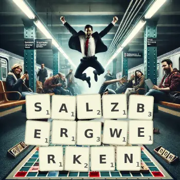 Kreative Illustration für ein Scrabble-Spiel, bei dem das Wort SALZBERGWERKEN mit Steinen auf dem Brett gelegt wurde.