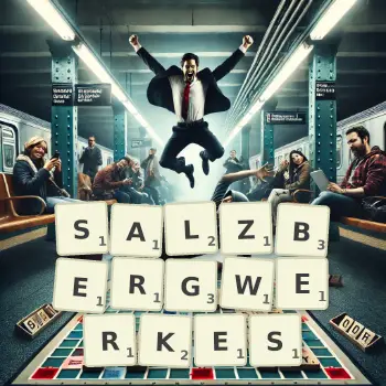 Kreative Illustration für ein Scrabble-Spiel, bei dem das Wort SALZBERGWERKES mit Steinen auf dem Brett gelegt wurde.