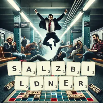 Kreative Illustration für ein Scrabble-Spiel, bei dem das Wort SALZBILDNER mit Steinen auf dem Brett gelegt wurde.