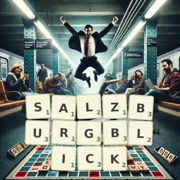 Kreative Illustration für ein Scrabble-Spiel, bei dem das Wort SALZBURGBLICK mit Steinen auf dem Brett gelegt wurde.