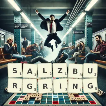 Kreative Illustration für ein Scrabble-Spiel, bei dem das Wort SALZBURGRING mit Steinen auf dem Brett gelegt wurde.