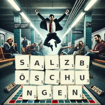 Kreative Illustration für ein Scrabble-Spiel, bei dem das Wort SALZBÖSCHUNGEN mit Steinen auf dem Brett gelegt wurde.