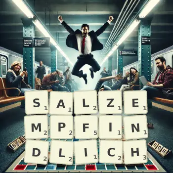 Kreative Illustration für ein Scrabble-Spiel, bei dem das Wort SALZEMPFINDLICH mit Steinen auf dem Brett gelegt wurde.
