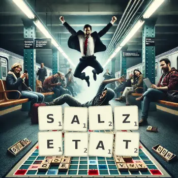Kreative Illustration für ein Scrabble-Spiel, bei dem das Wort SALZETAT mit Steinen auf dem Brett gelegt wurde.