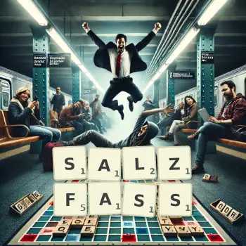 Kreative Illustration für ein Scrabble-Spiel, bei dem das Wort SALZFASS mit Steinen auf dem Brett gelegt wurde.