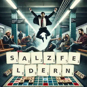 Kreative Illustration für ein Scrabble-Spiel, bei dem das Wort SALZFELDERN mit Steinen auf dem Brett gelegt wurde.