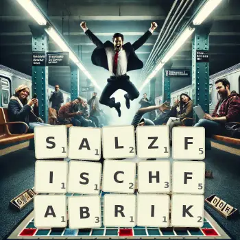 Kreative Illustration für ein Scrabble-Spiel, bei dem das Wort SALZFISCHFABRIK mit Steinen auf dem Brett gelegt wurde.