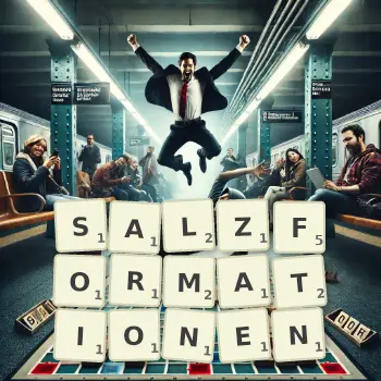 Kreative Illustration für ein Scrabble-Spiel, bei dem das Wort SALZFORMATIONEN mit Steinen auf dem Brett gelegt wurde.