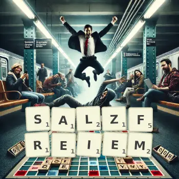 Kreative Illustration für ein Scrabble-Spiel, bei dem das Wort SALZFREIEM mit Steinen auf dem Brett gelegt wurde.