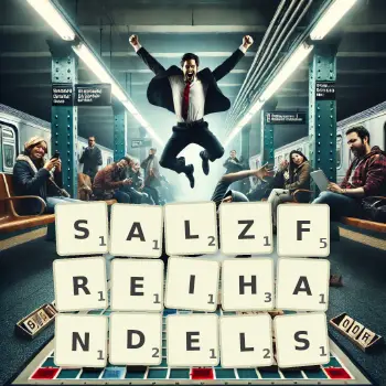 Kreative Illustration für ein Scrabble-Spiel, bei dem das Wort SALZFREIHANDELS mit Steinen auf dem Brett gelegt wurde.