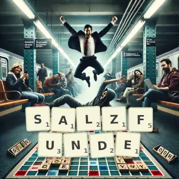 Kreative Illustration für ein Scrabble-Spiel, bei dem das Wort SALZFUNDE mit Steinen auf dem Brett gelegt wurde.