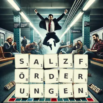 Kreative Illustration für ein Scrabble-Spiel, bei dem das Wort SALZFÖRDERUNGEN mit Steinen auf dem Brett gelegt wurde.