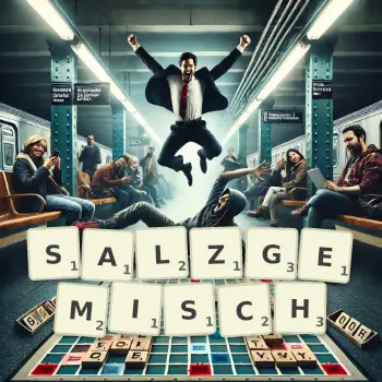 Kreative Illustration für ein Scrabble-Spiel, bei dem das Wort SALZGEMISCH mit Steinen auf dem Brett gelegt wurde.