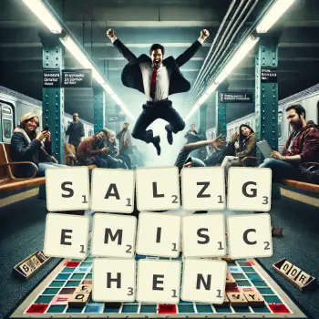 Kreative Illustration für ein Scrabble-Spiel, bei dem das Wort SALZGEMISCHEN mit Steinen auf dem Brett gelegt wurde.