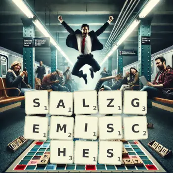 Kreative Illustration für ein Scrabble-Spiel, bei dem das Wort SALZGEMISCHES mit Steinen auf dem Brett gelegt wurde.