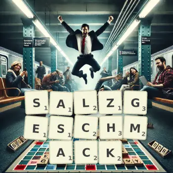Kreative Illustration für ein Scrabble-Spiel, bei dem das Wort SALZGESCHMACK mit Steinen auf dem Brett gelegt wurde.