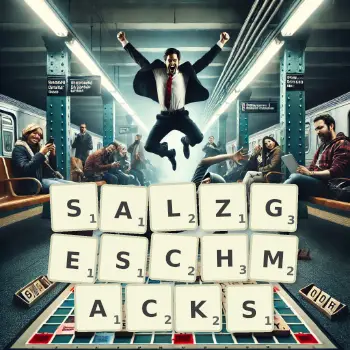 Kreative Illustration für ein Scrabble-Spiel, bei dem das Wort SALZGESCHMACKS mit Steinen auf dem Brett gelegt wurde.