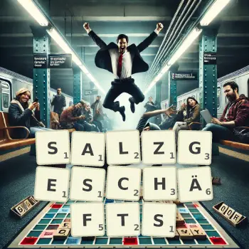 Kreative Illustration für ein Scrabble-Spiel, bei dem das Wort SALZGESCHÄFTS mit Steinen auf dem Brett gelegt wurde.