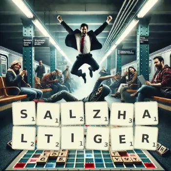 Kreative Illustration für ein Scrabble-Spiel, bei dem das Wort SALZHALTIGER mit Steinen auf dem Brett gelegt wurde.