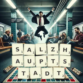 Kreative Illustration für ein Scrabble-Spiel, bei dem das Wort SALZHAUPTSTADT mit Steinen auf dem Brett gelegt wurde.