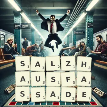 Kreative Illustration für ein Scrabble-Spiel, bei dem das Wort SALZHAUSFASSADE mit Steinen auf dem Brett gelegt wurde.