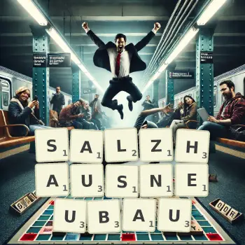 Kreative Illustration für ein Scrabble-Spiel, bei dem das Wort SALZHAUSNEUBAU mit Steinen auf dem Brett gelegt wurde.