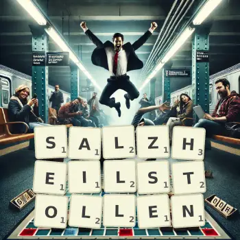 Kreative Illustration für ein Scrabble-Spiel, bei dem das Wort SALZHEILSTOLLEN mit Steinen auf dem Brett gelegt wurde.