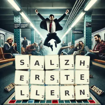 Kreative Illustration für ein Scrabble-Spiel, bei dem das Wort SALZHERSTELLERN mit Steinen auf dem Brett gelegt wurde.