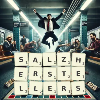 Kreative Illustration für ein Scrabble-Spiel, bei dem das Wort SALZHERSTELLERS mit Steinen auf dem Brett gelegt wurde.