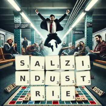 Kreative Illustration für ein Scrabble-Spiel, bei dem das Wort SALZINDUSTRIE mit Steinen auf dem Brett gelegt wurde.
