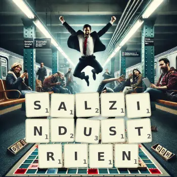 Kreative Illustration für ein Scrabble-Spiel, bei dem das Wort SALZINDUSTRIEN mit Steinen auf dem Brett gelegt wurde.