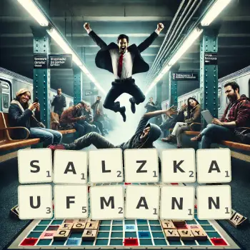Kreative Illustration für ein Scrabble-Spiel, bei dem das Wort SALZKAUFMANN mit Steinen auf dem Brett gelegt wurde.