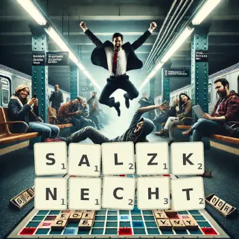 Kreative Illustration für ein Scrabble-Spiel, bei dem das Wort SALZKNECHT mit Steinen auf dem Brett gelegt wurde.