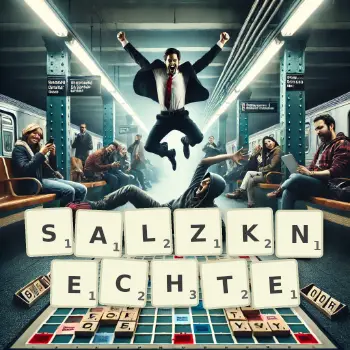 Kreative Illustration für ein Scrabble-Spiel, bei dem das Wort SALZKNECHTE mit Steinen auf dem Brett gelegt wurde.